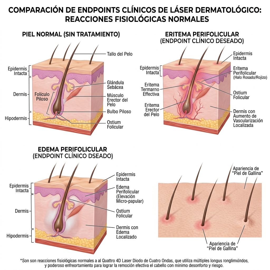 Comparativa clínica dermatológica entre los endpoints terapéuticos normales (Eritema y Edema Perifolicular) frente a la piel normal.
