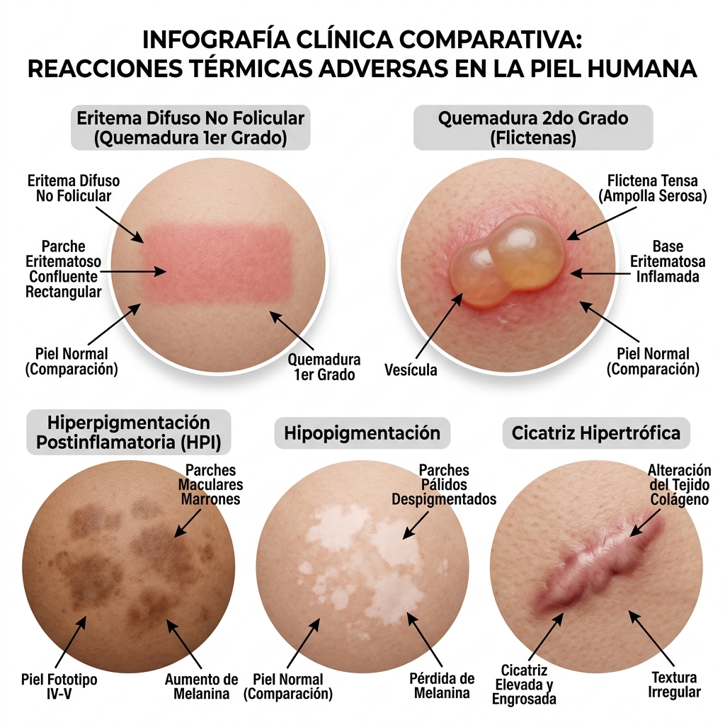 Infografía de diagnóstico diferencial de complicaciones cutáneas tras fototermólisis.