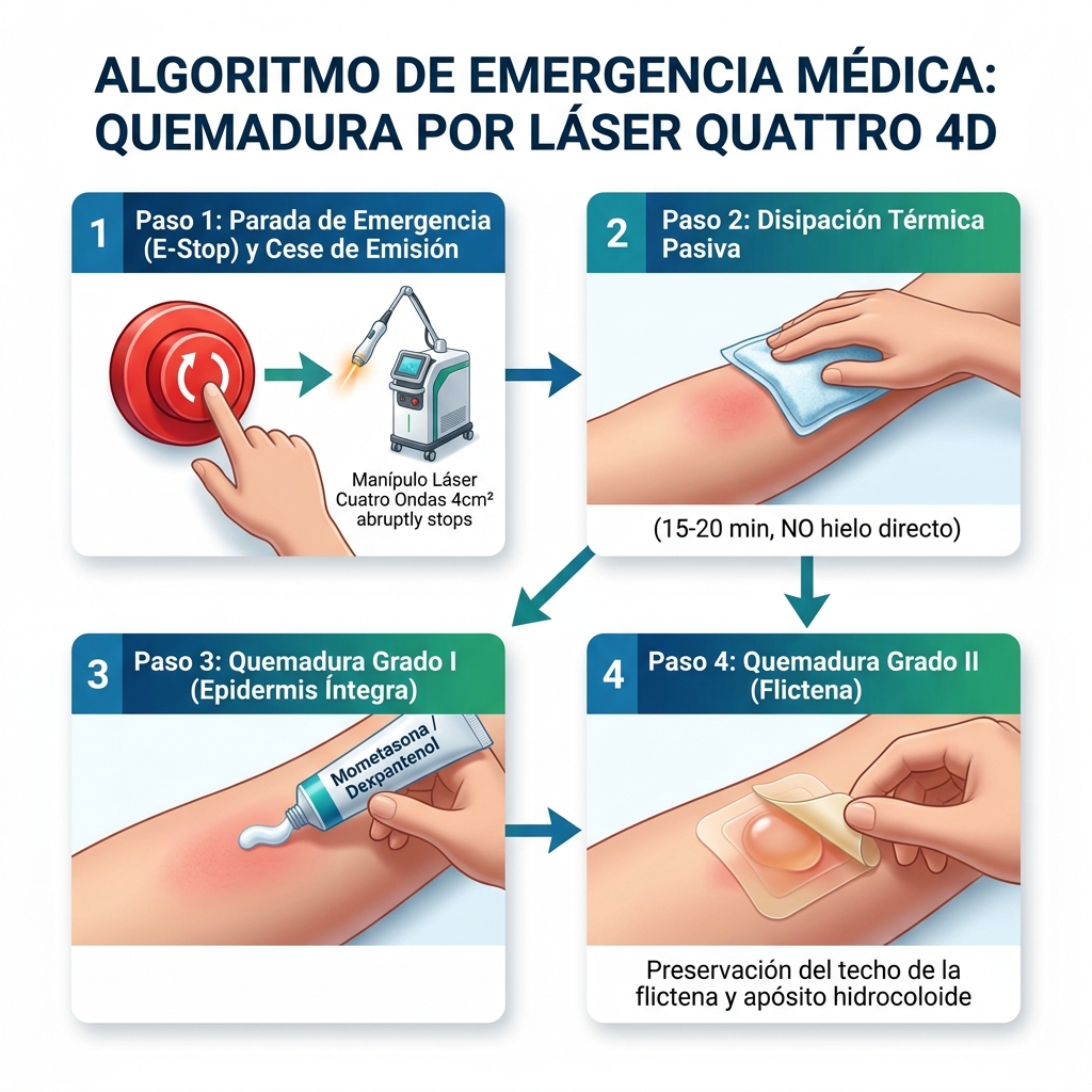 Diagrama de flujo paso a paso del protocolo médico de urgencia ante sobrecalentamiento y quemadura láser.