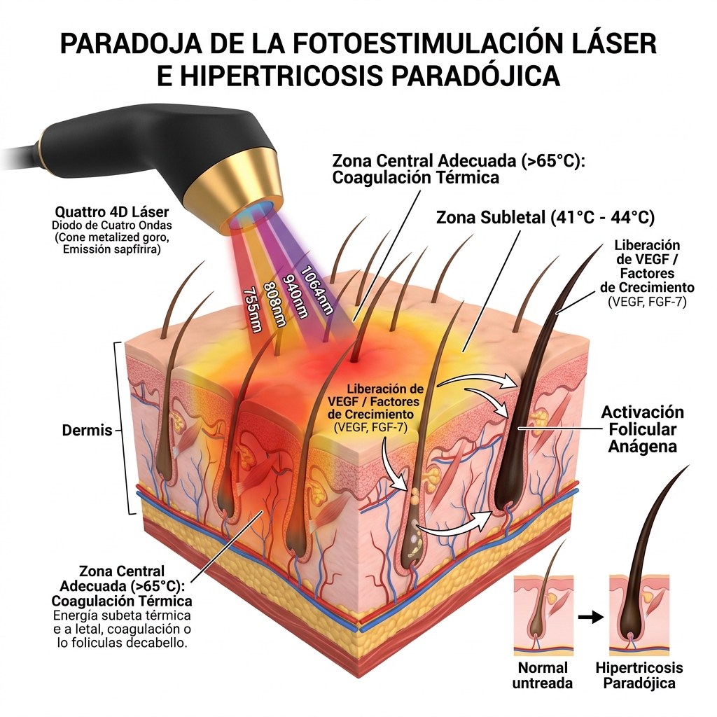 Esquema biofísico explicativo del mecanismo de hipertricosis paradójica por subdosificación térmica.