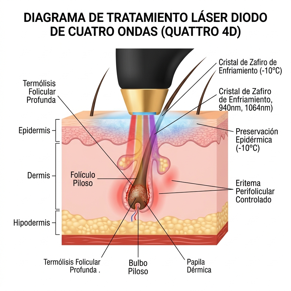 Diagrama fisiopatológico del folículo piloso post-tratamiento mostrando eritema perifolicular y enfriamiento epidérmico.