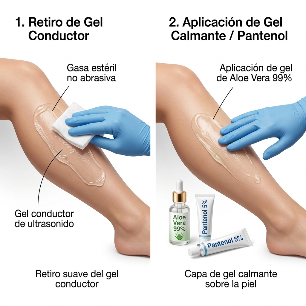 Protocolo de retiro de gel y aplicación tópica de Aloe Vera / Pantenol en cabina.