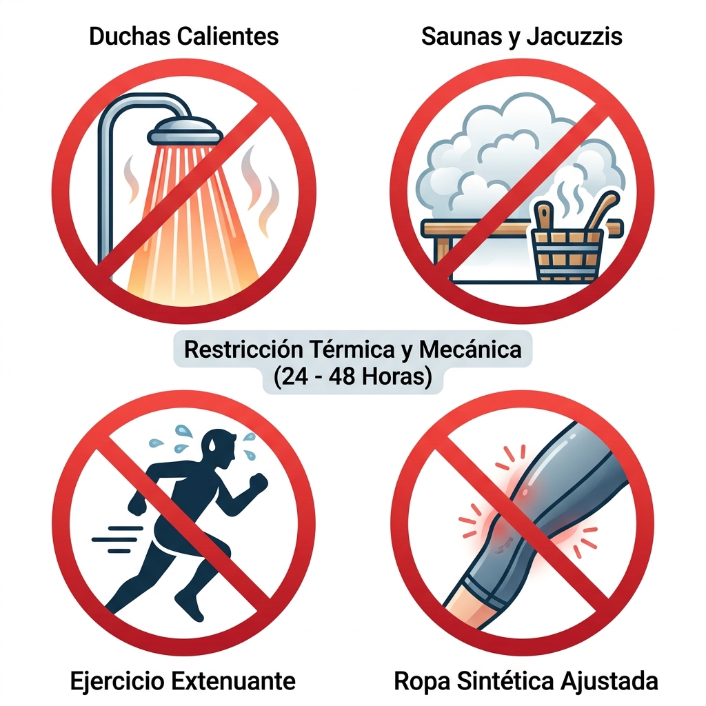 Iconografía médica de advertencia con restricciones de calor, sauna, ejercicio y fricción en 24-48 horas.