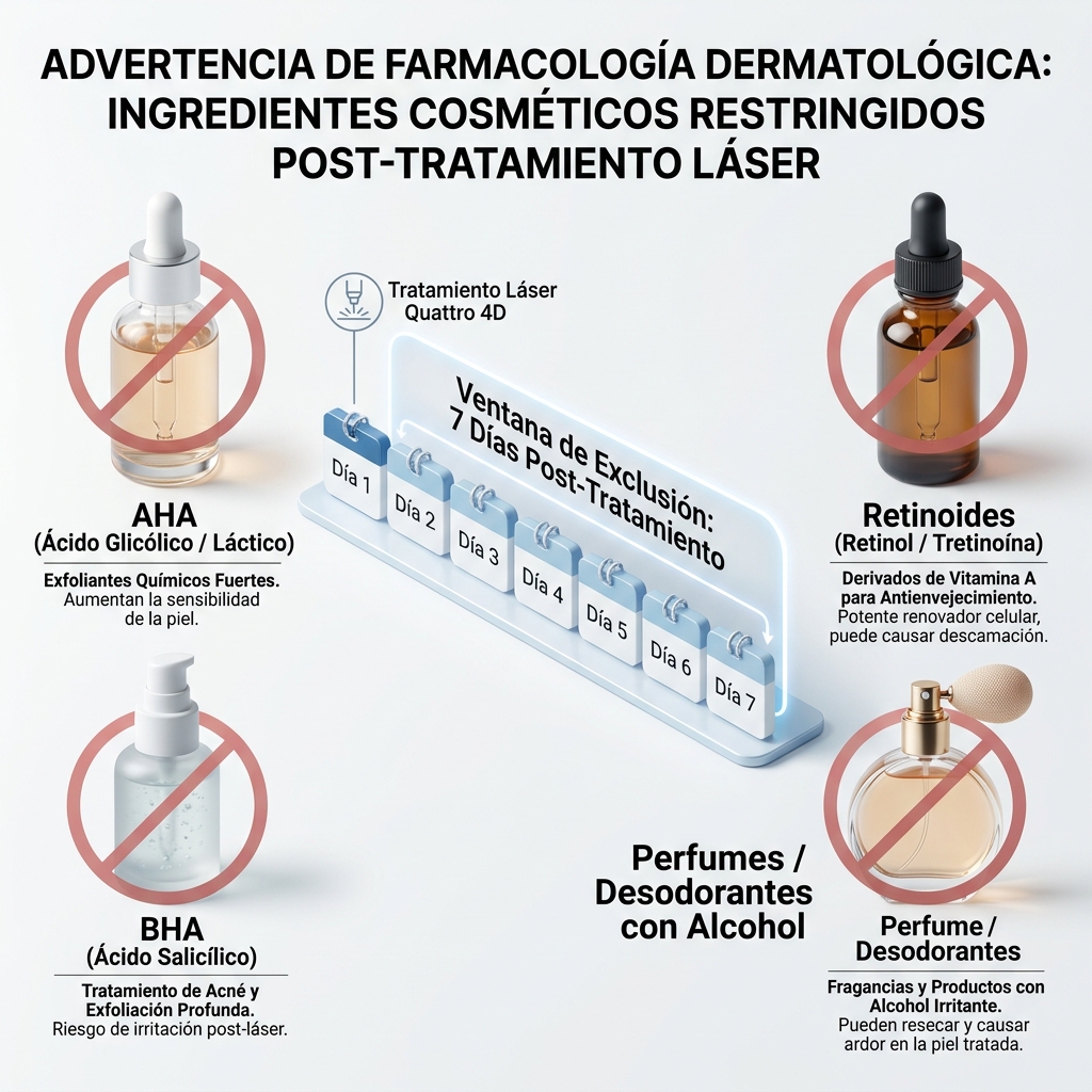 Infografía de exclusión de cosméticos queratolíticos y retinoides durante 7 días post-tratamiento.
