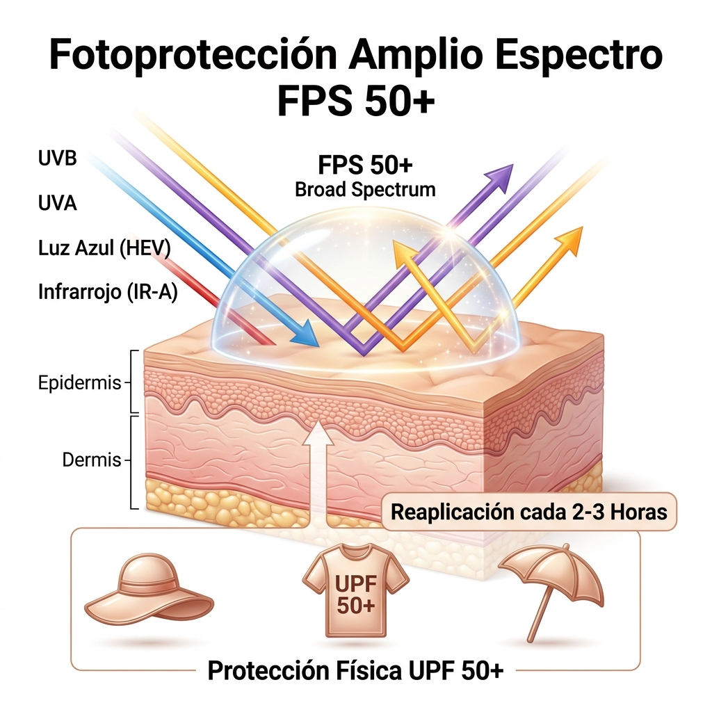 Esquema de fotoprotección dermatológica FPS 50+ de amplio espectro y barrera física.