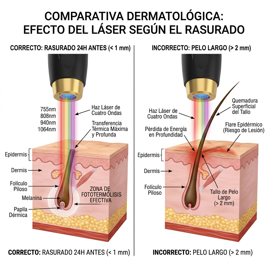 Comparativa de longitud de tallo piloso antes del láser: correcto rasurado con cuchilla vs tallo largo.