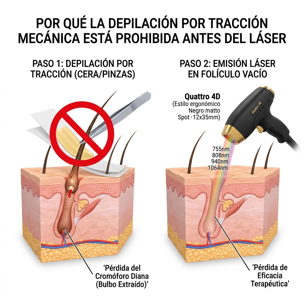 Diagrama de por qué se prohíbe la depilación por tracción (cera, pinzas) antes del láser de 4 ondas.