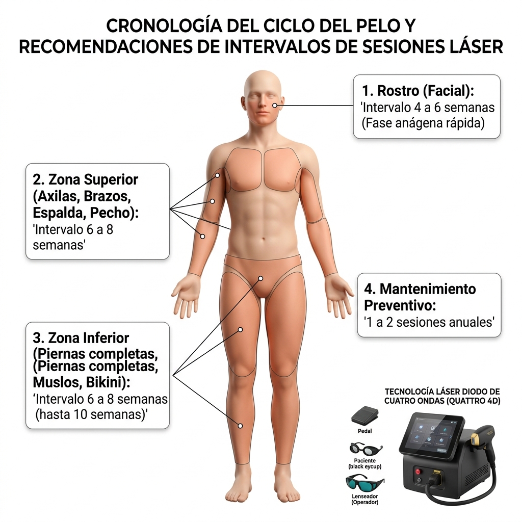 Mapa corporal anatómico con cronograma de sesiones e intervalos por zona según ciclo biológico folicular.