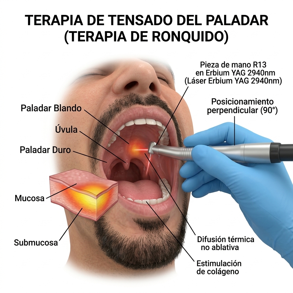 Diagrama clínico 3D que muestra el posicionamiento intraoral correcto de la pieza de mano R13 del Láser Erbium YAG 2940nm enfocada en el paladar blando para terapia de ronquido. La pieza es sostenida por una mano con guante clínico, orientada perpendicularmente (90 grados) hacia la mucosa del paladar blando mostrada en la foto del usuario. Resaltar la difusión térmica no ablativa en la submucosa.
