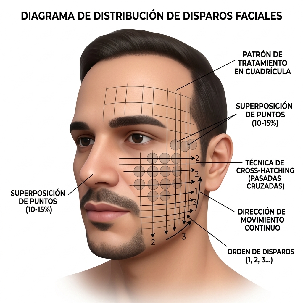 Clinical illustration in 3D based on the user provided photograph. It shows a grid pattern overlayed on the patient's face (cheek and temple area) with circular laser spot indicators. Each spot should have a small indication of overlap (10-15%). Clean lines show horizontal and vertical passes, demonstrating the 'cross-hatching' technique. Include an arrow indicating the order of the shots, emphasizing continuous motion.