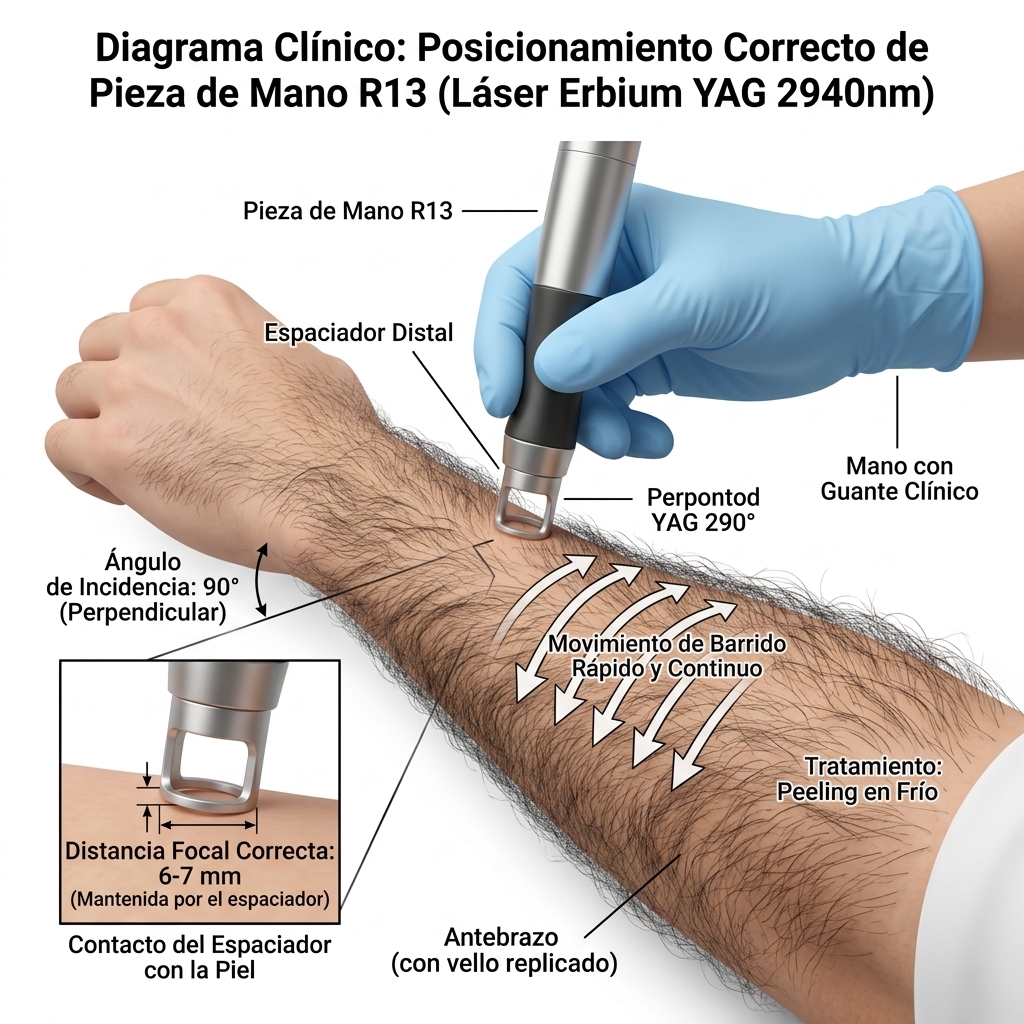 Diagrama clínico 3D basado en la foto del usuario. Mostrar la pieza de mano R13 del Láser Erbium YAG 2940nm sostenida por una mano con guante clínico, posicionada perpendicularmente a 90 grados sobre la piel del antebrazo que se observa en la foto. Resaltar la importancia del contacto del espaciador distal con la piel para mantener la distancia focal correcta de 6-7 mm para un tratamiento de Peeling en Frío. Incluir flechas que indiquen un movimiento de barrido rápido y continuo sobre la zona.