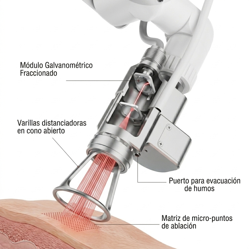 Cabezal de escaneo fraccionado emitiendo matriz de micro-haces sobre la piel.
