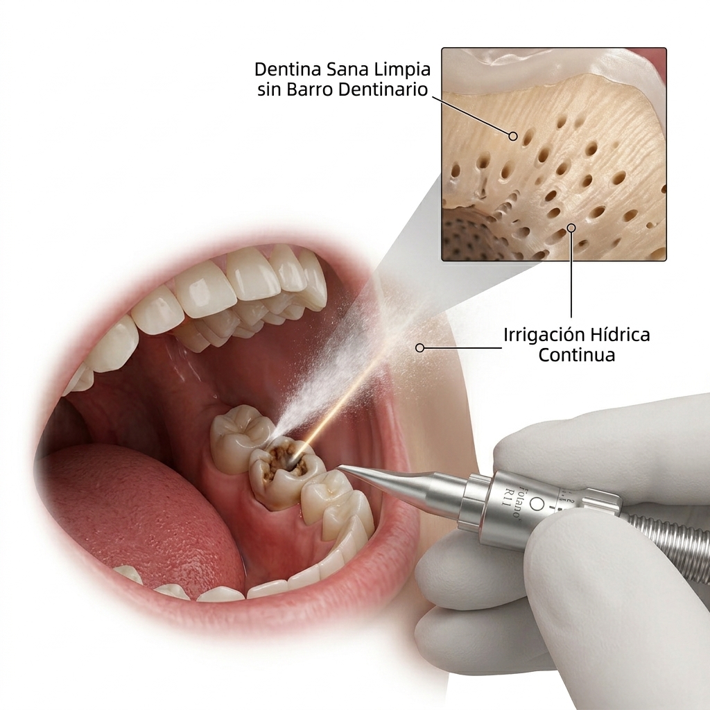 Aplicación clínica de la pieza de mano R11 para remoción selectiva de caries con irrigación de agua