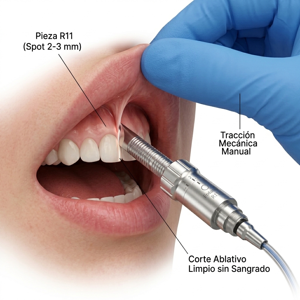Técnica de frenectomía asistida por láser Er:YAG utilizando la pieza de mano focal R11