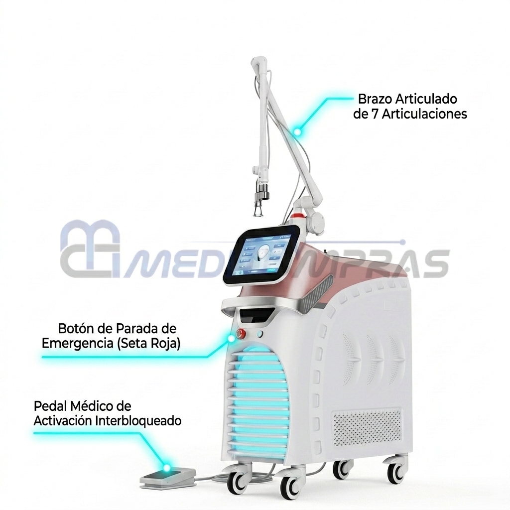 Consola SANHE Er:YAG destacando los controles de bioseguridad y emergencia.