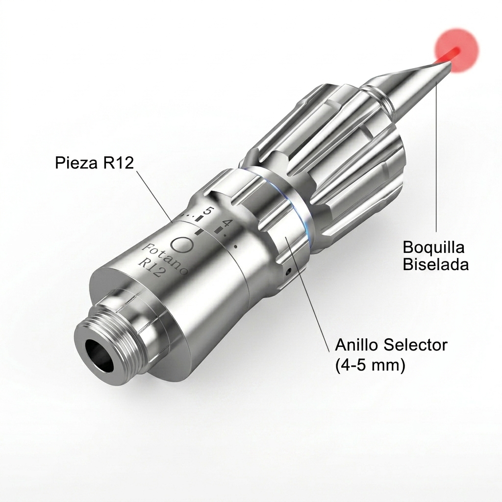 Pieza de mano R12 con ajuste de anillo selector y haz de spot intermedio de 4-5 mm.