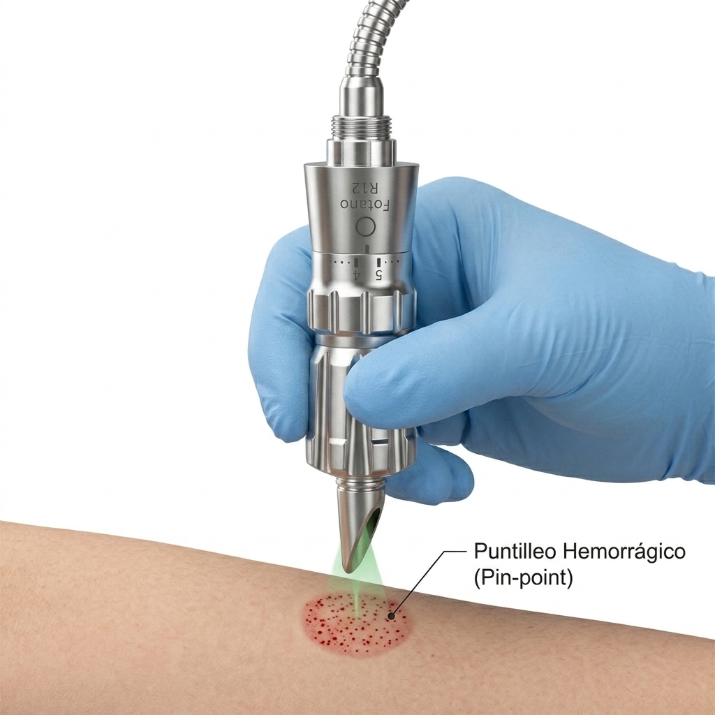 Demostración de la pieza de mano R12 inclinada a 90 grados realizando un resurfacing ablativo epidérmico con el endpoint de puntilleo hemorrágico (pin-point bleeding).