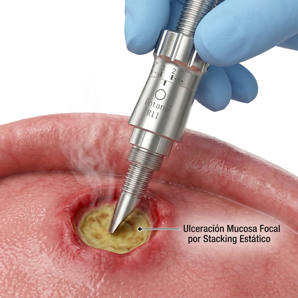 Pieza de mano R11 aplicada incorrectamente de forma estática sobre la mucosa labial generando una ulceración en cráter.