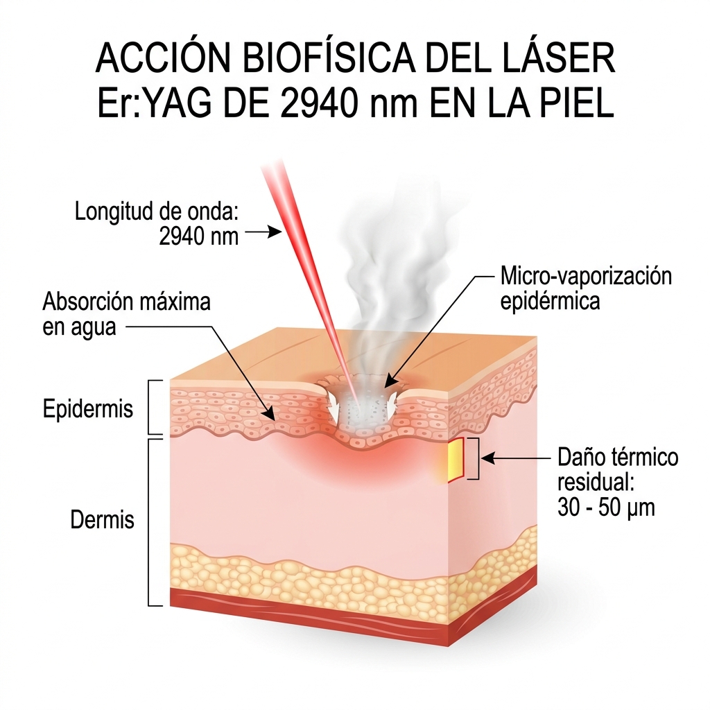 Diagrama biofísico de interacción piel-láser a 2940 nm mostrando absorción por agua y zona de daño térmico residual.