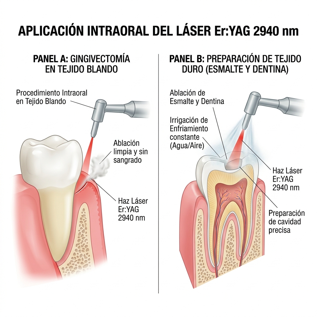 Diagrama de aplicación intraoral del láser Er:YAG 2940nm en gingivectomía y esmalte dental.