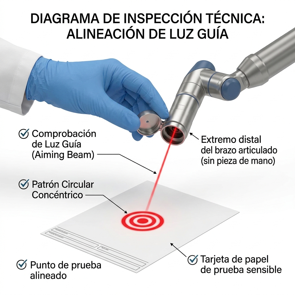 Diagrama de prueba de alineación del haz guía rojo en tarjeta de prueba previa al uso.