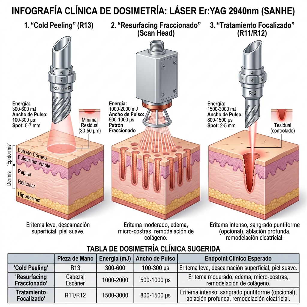 Infografía didáctica de dosimetría comparativa según el tratamiento (Cold Peeling, Fraccionado, Focalizado).