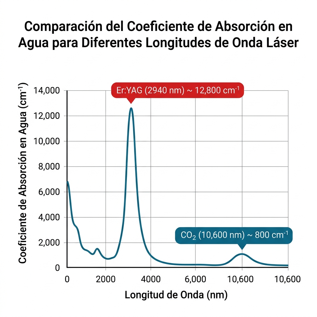 Gráfico del espectro de absorción en agua comparando Er:YAG vs CO2