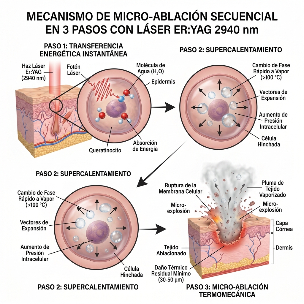 Diagrama de la secuencia de micro-explosión vaporizativa celular por impacto láser Er:YAG