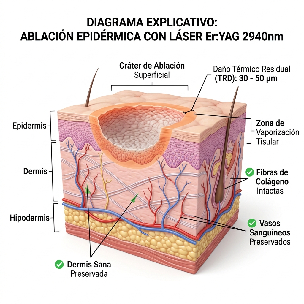 Diagrama del perfil de ablación superficial y zona de daño térmico residual (TRD)