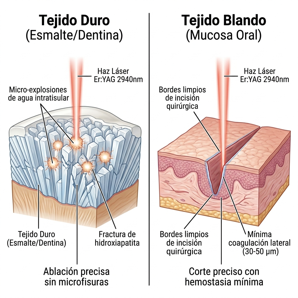 Comparativa de acción ablativa en hidroxiapatita dental vs mucosa oral