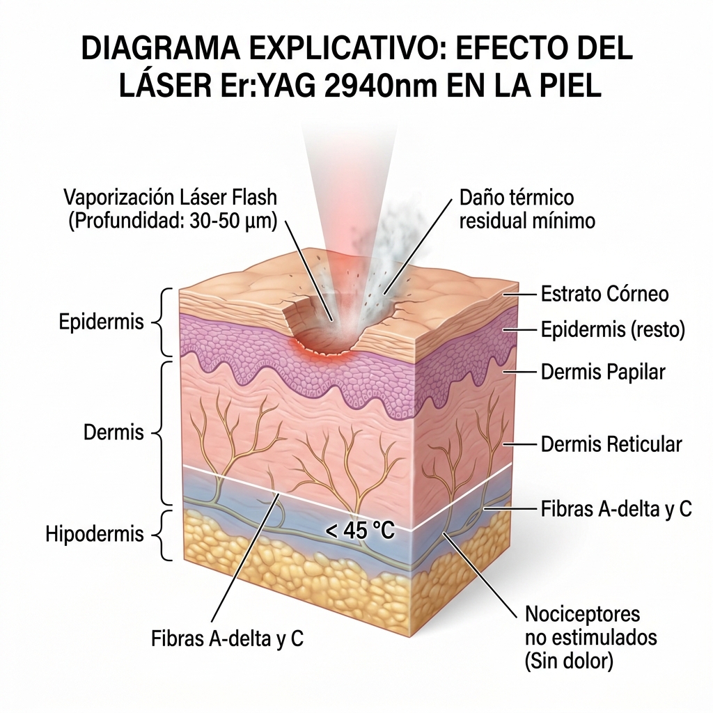 Esquema de las capas cutáneas y confinamiento térmico fuera de la red nociceptiva