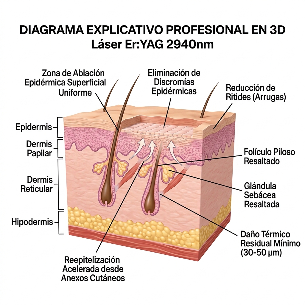 Diagrama de resurfacing ablativo superficial y reepitelización desde anexos