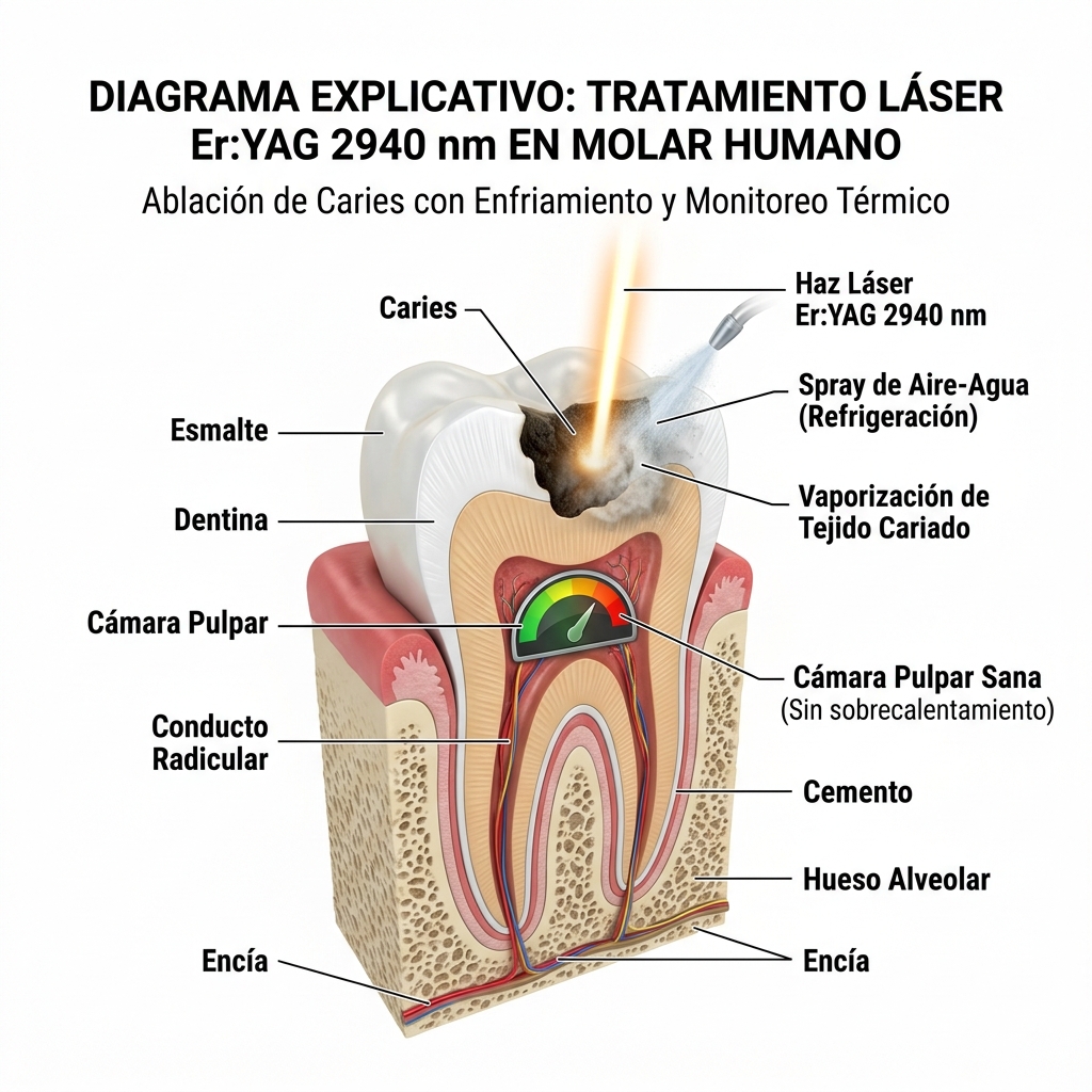 Diagrama de ablación dental selectiva con agua y aire sin sobrecalentamiento pulpar