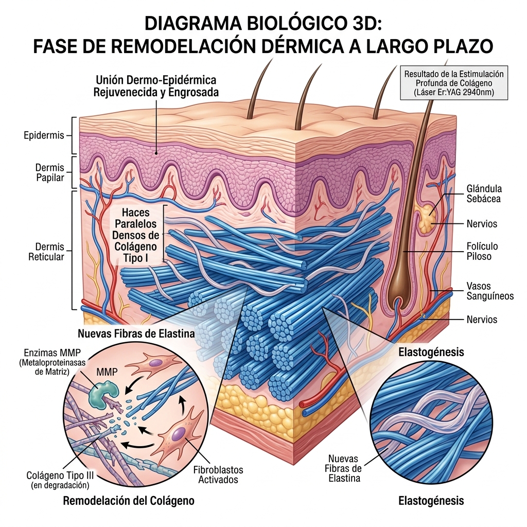 Sustitución de colágeno por Tipo I, elastogénesis y maduración epidérmica