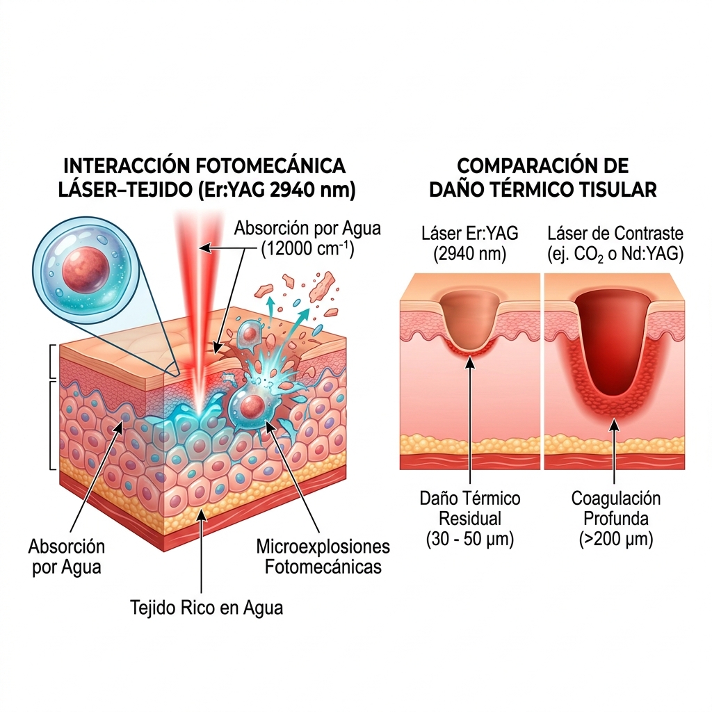 Diagrama de interacción fotomecánica y confinamiento térmico de la longitud de onda de 2940 nm en tejido hídrico