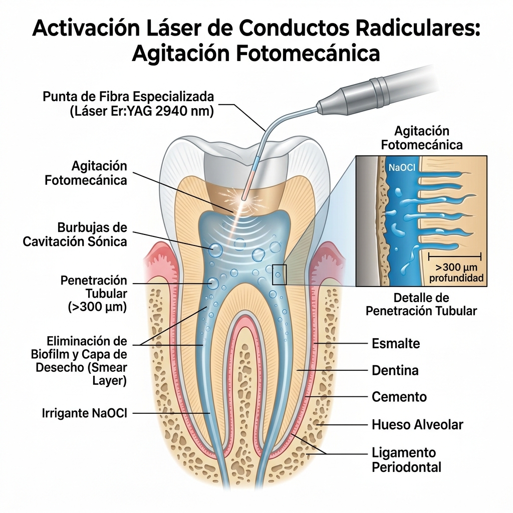 Agitación fotomecánica y fotosónica de irrigante en conducto radicular
