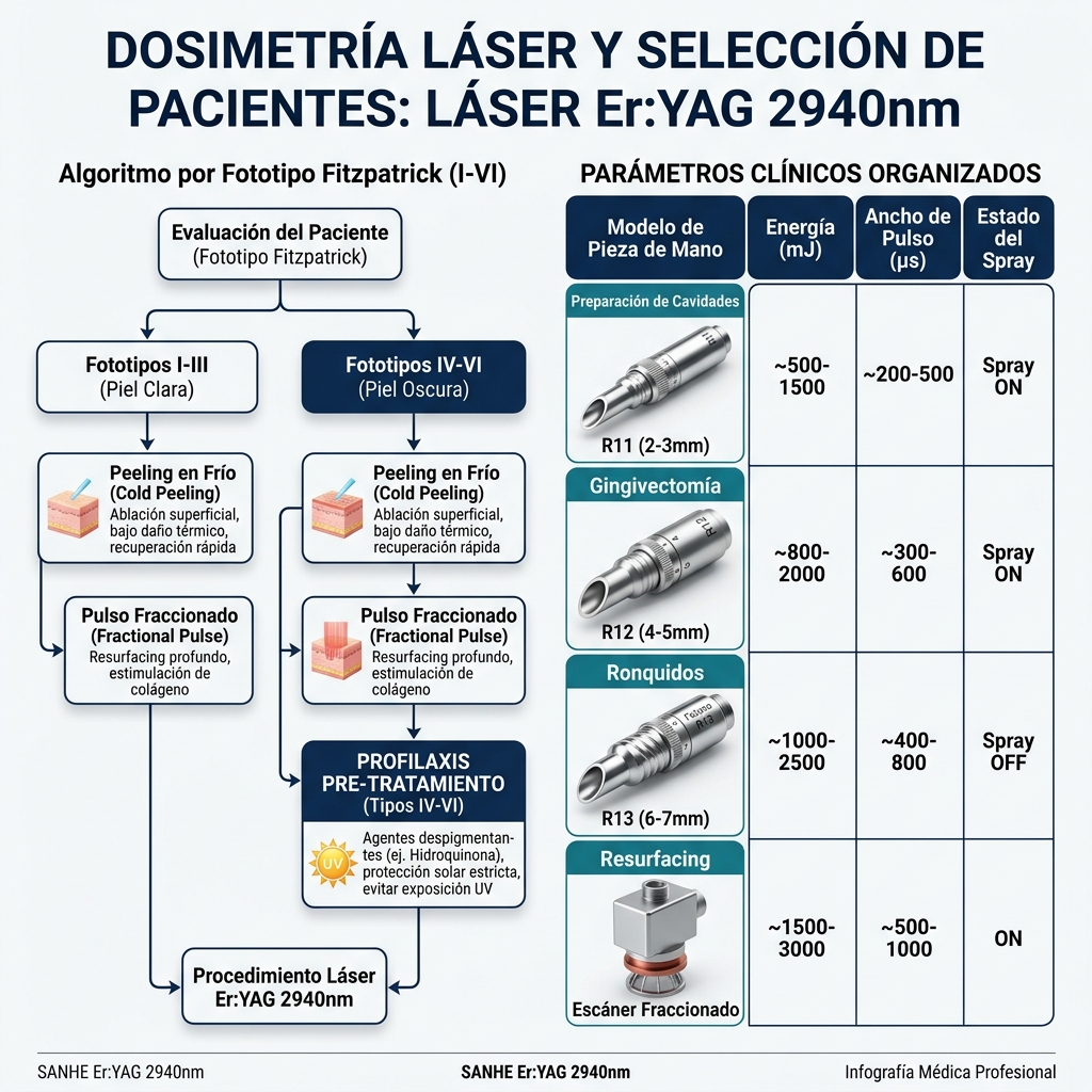 Infografía de dosimetría por indicación clínica y algoritmo de selección por fototipo Fitzpatrick