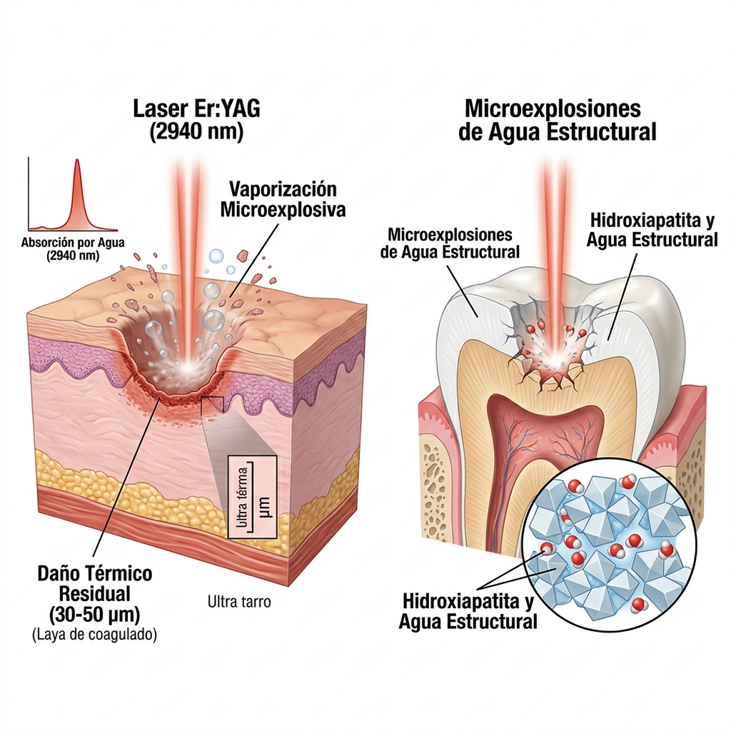 Diagrama histofisiológico de absorción fototérmica del láser Er:YAG 2940nm en agua tisular y tejido calcificado
