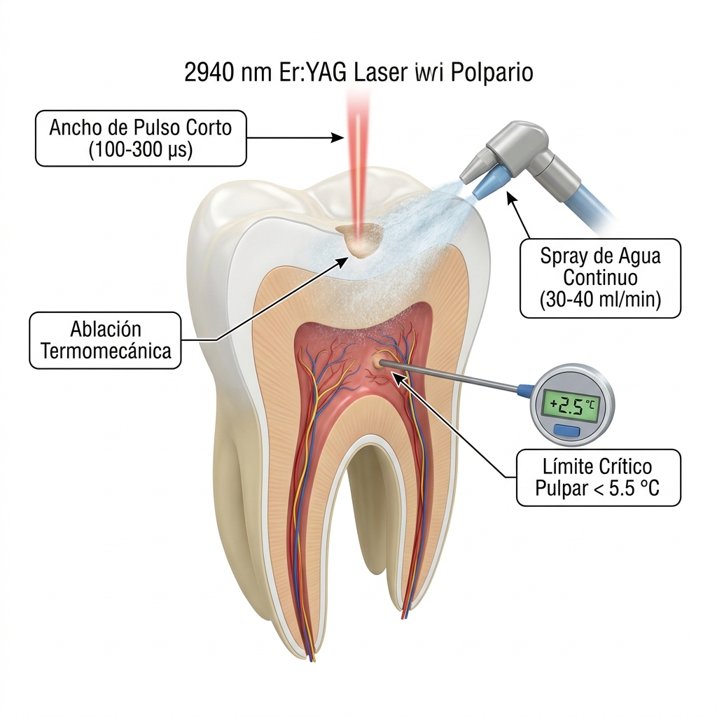 Mecanismo de ablación dental y refrigeración hídrica continua para protección pulpar