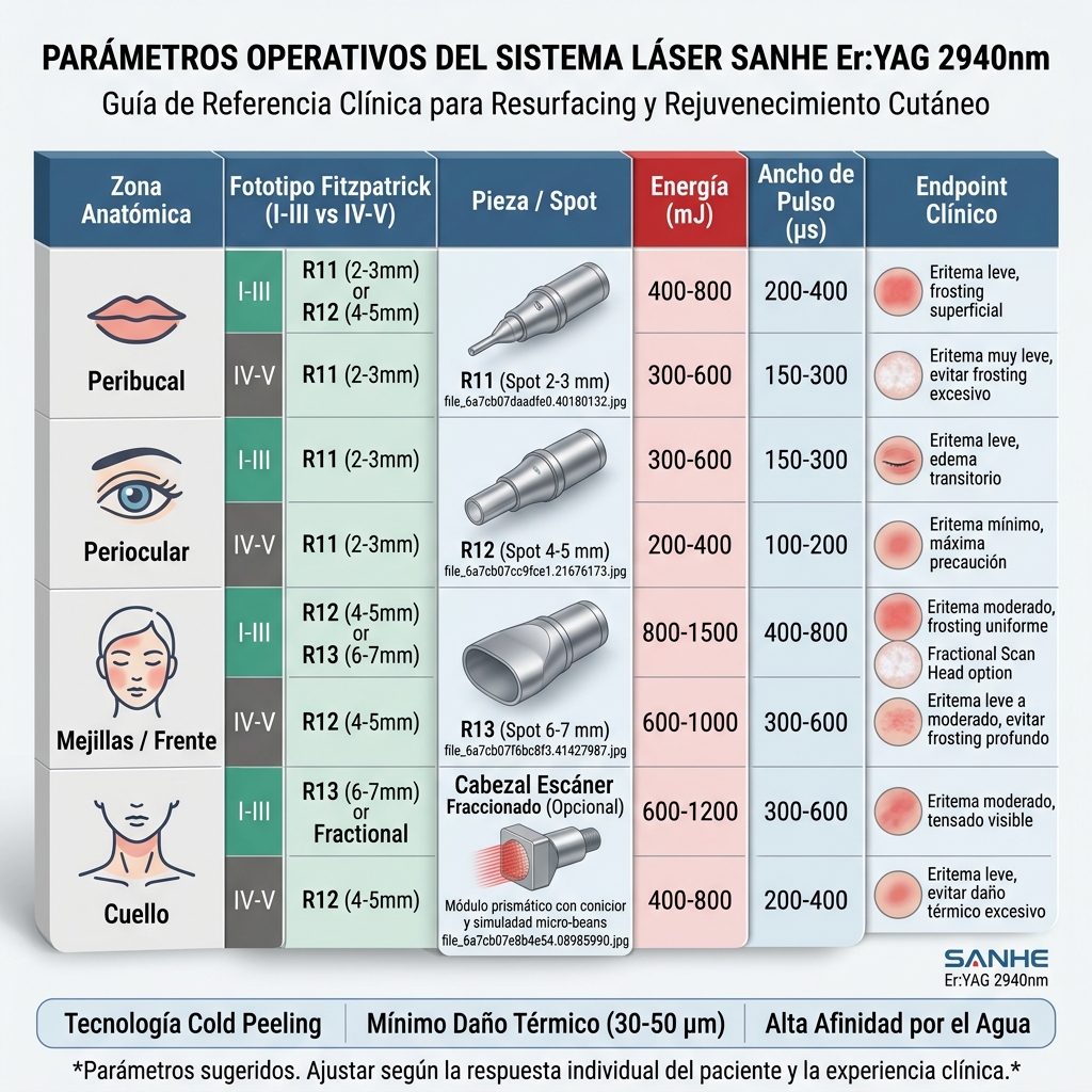 Matriz gráfica de parámetros operativos recomendados por zona facial y fototipo Fitzpatrick