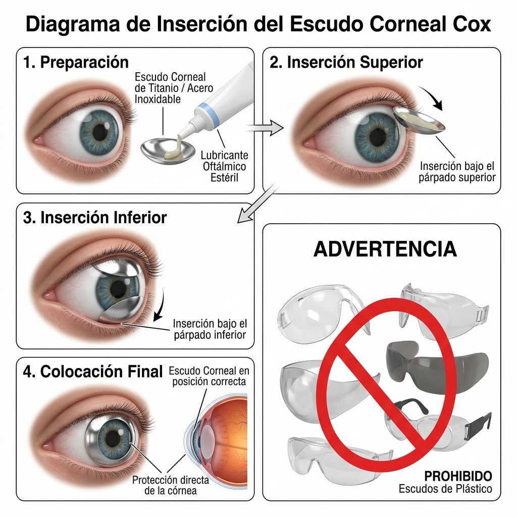 Protocolo de colocación de escudo corneal intraocular de titanio con lubricante estéril