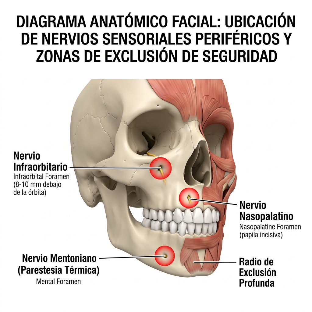 Mapeo topográfico de los forámenes sensitivos faciales y áreas de exclusión profunda