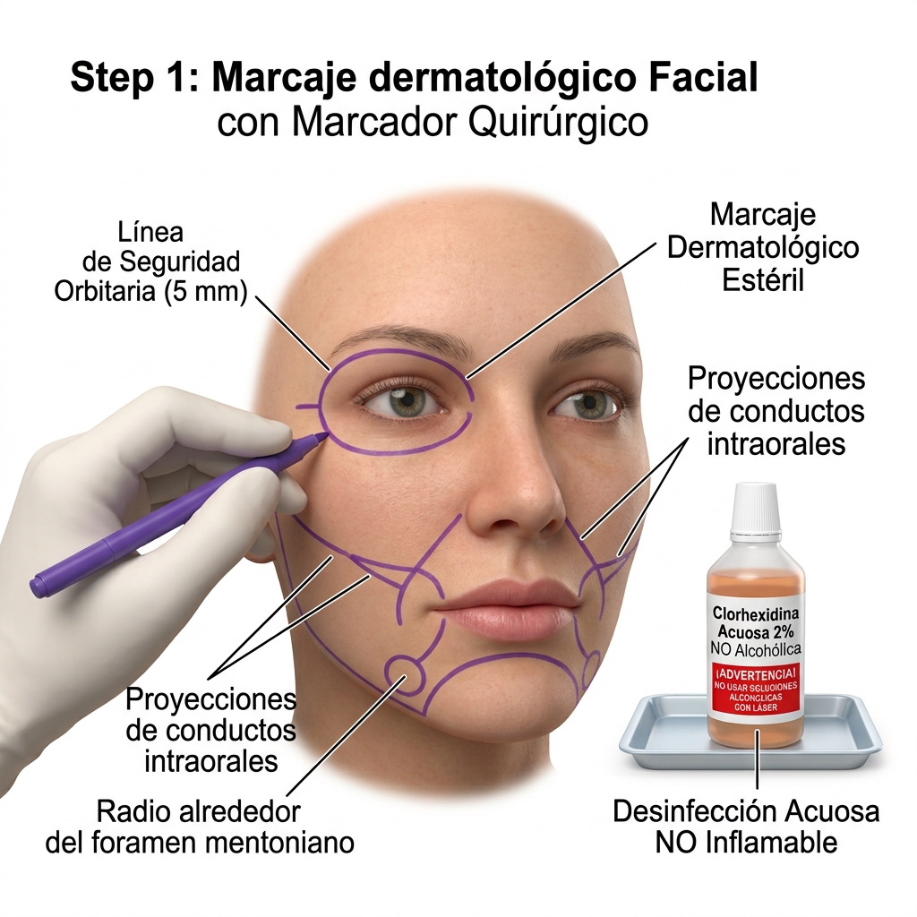 Marcaje anatómico dermatológico facial y desinfección con clorhexidina acuosa no alcohólica