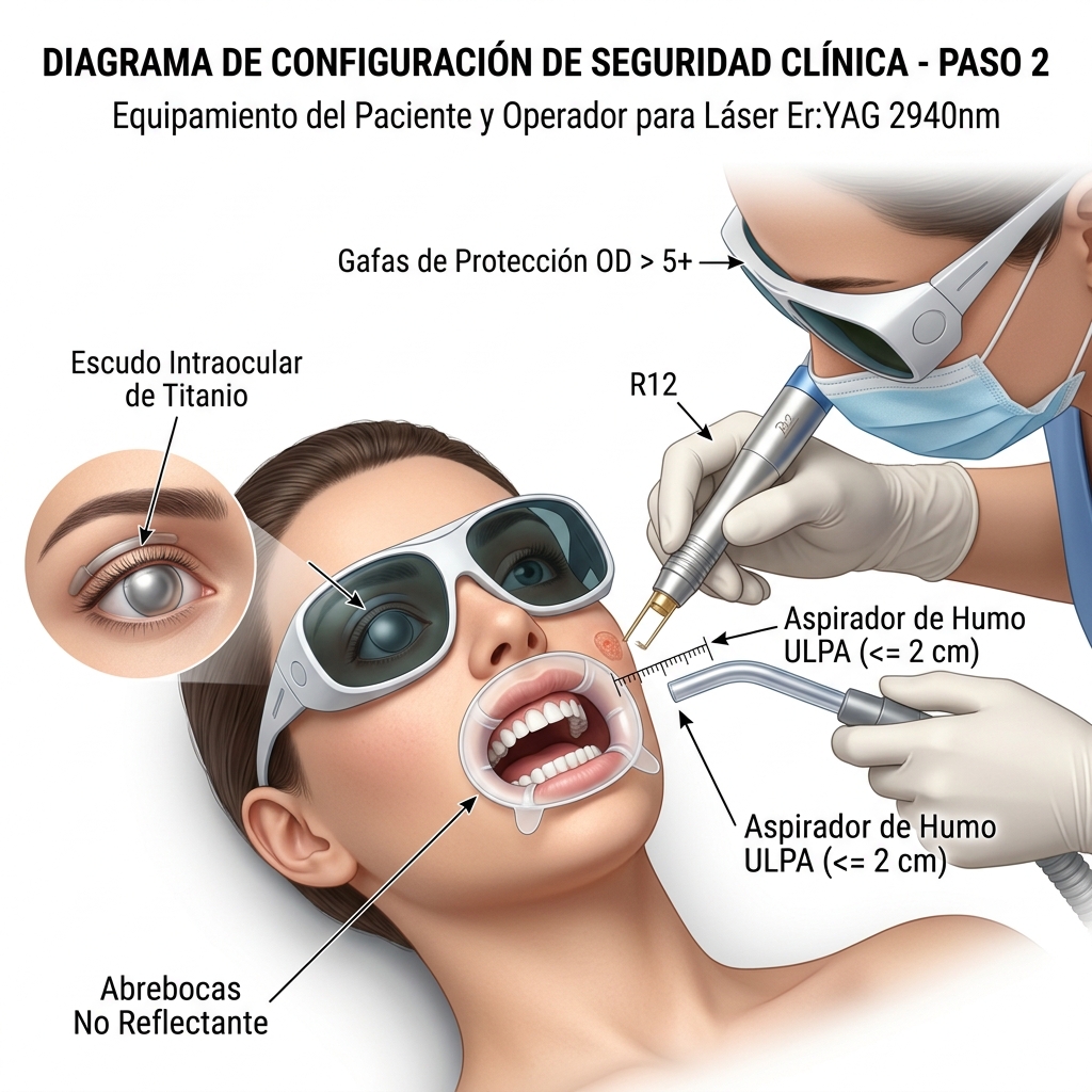 Instalación de gafas OD>5+, escudos corneales y sistema de aspiración de humo ULPA