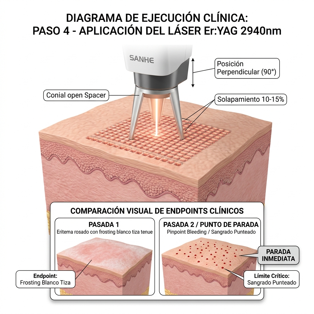 Técnica de disparo perpendicular a 90° con solapamiento controlado del 10-15% y monitoreo de endpoints