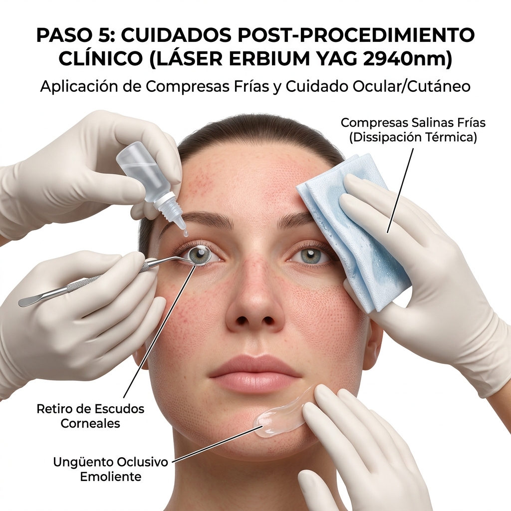Cuidados inmediatos post-láser: compresas salinas frías, retiro de escudos y ungüento oclusivo