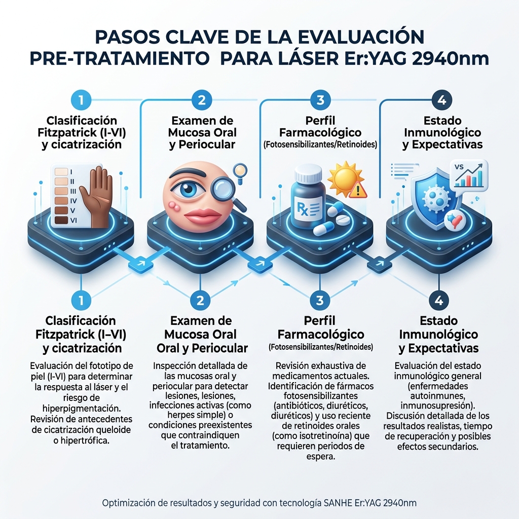 Infografía del flujo metódico de anamnesis pre-tratamiento en 4 pilares diagnósticos.