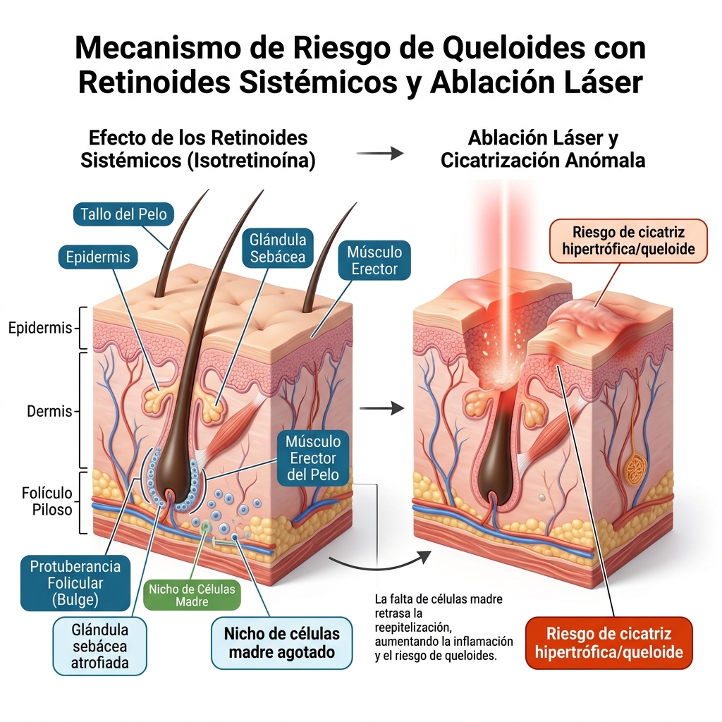 Diagrama explicativo de los mecanismos de riesgo de contraindicaciones absolutas (retinoides e historia folicular).