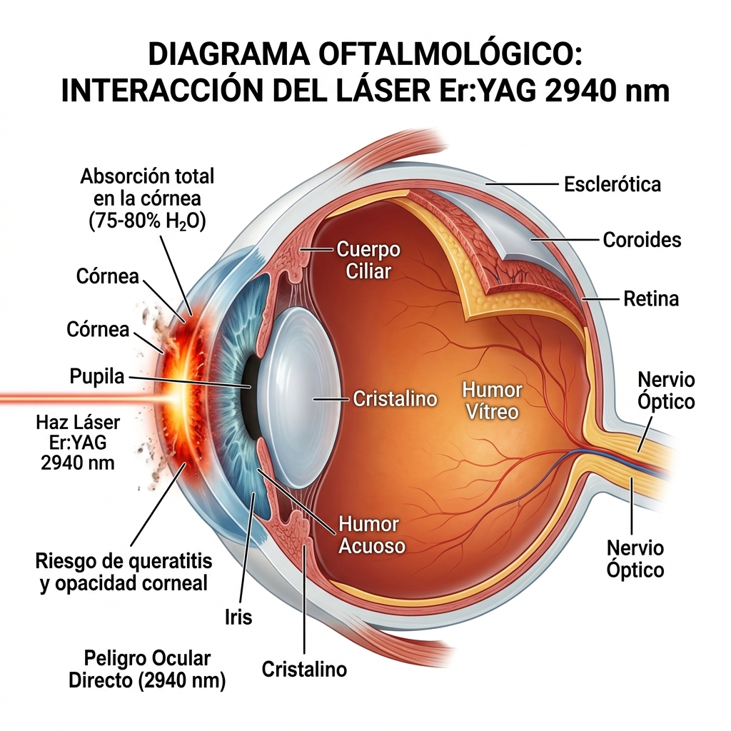 Diagrama anatómico de absorción corneal del láser 2940 nm y prevención de lesión ocular.