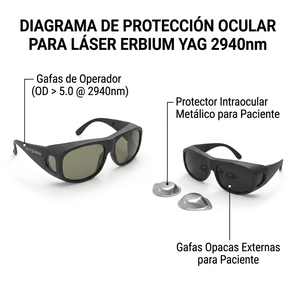 Esquema de equipamiento de protección ocular para operador y paciente.